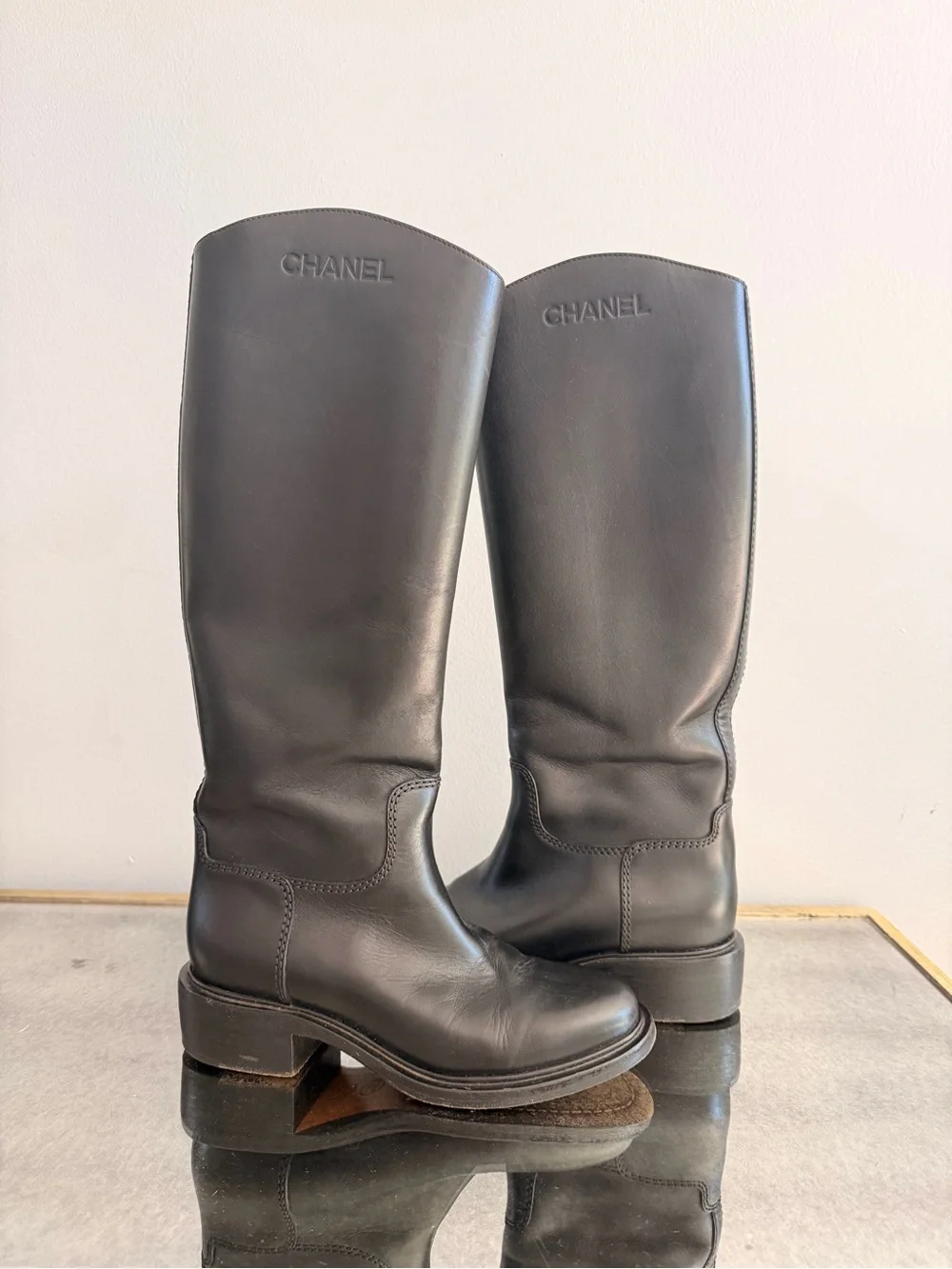CHANEL Black Leather Tall Riding Boots